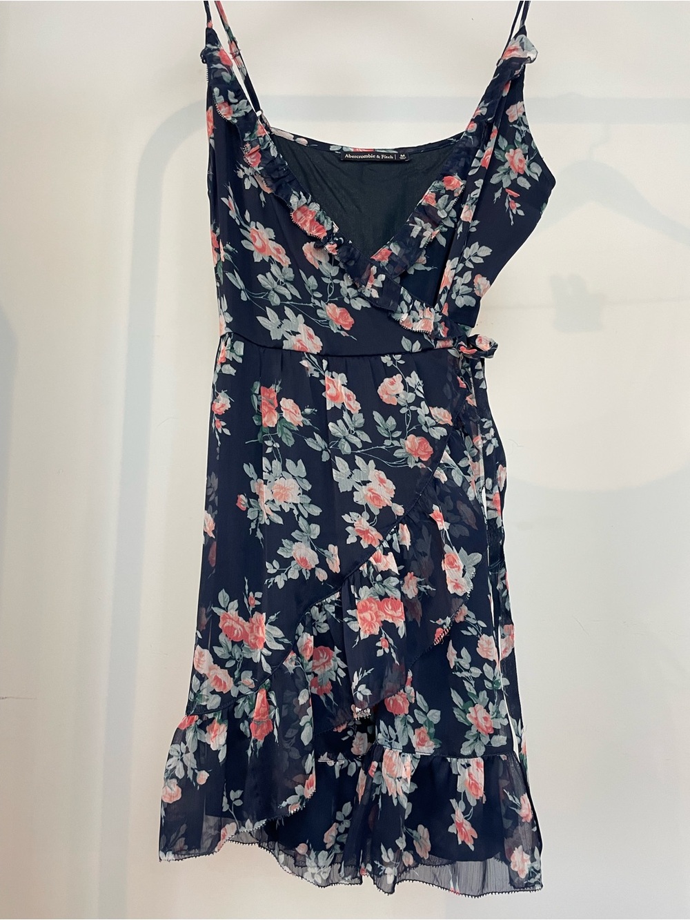 Abercrombie & Fitch Navy Floral Midi Wrap Dress with Pink Roses